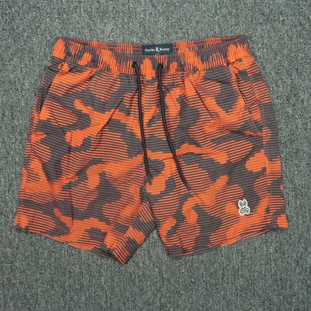 Psycho‎ Bunny Swim Trunks Mens Small Orange Gray Camo Lined Shorts